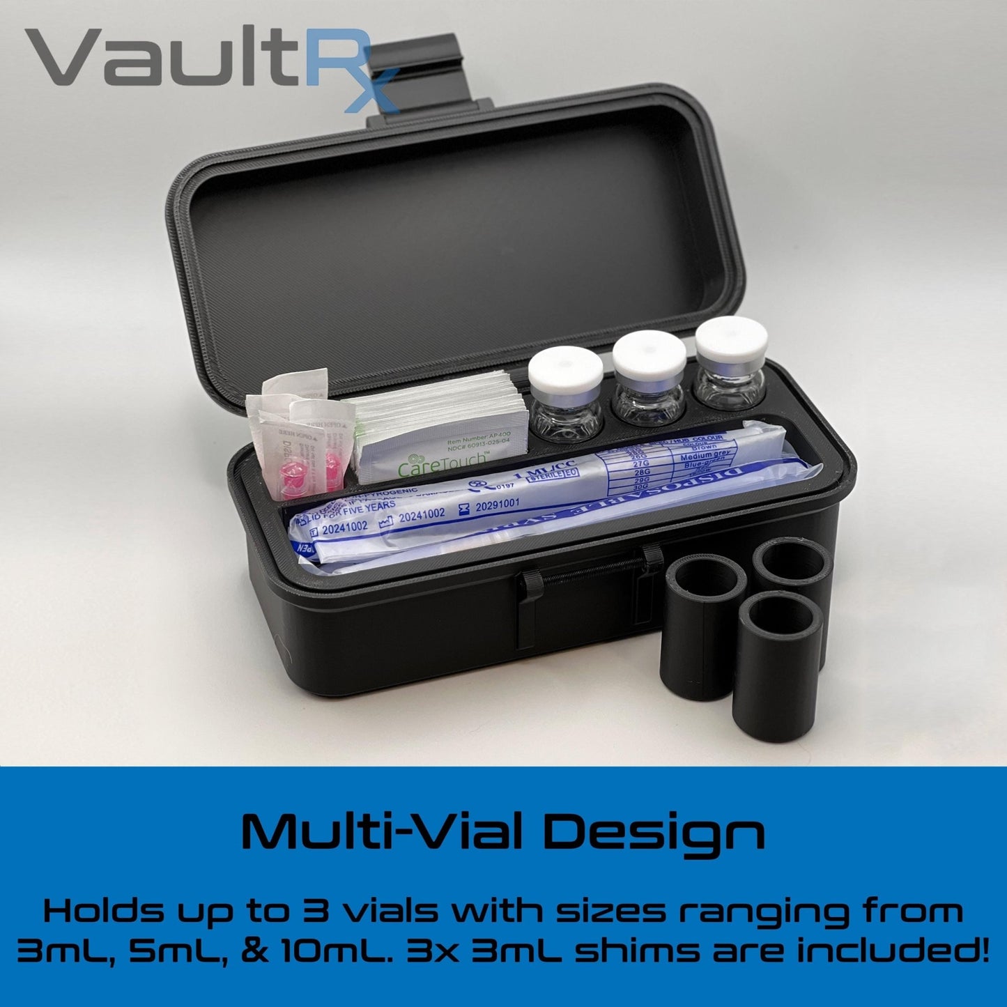 3 Slot Multi-Vial Travel Case with Syringe & Alcohol Pad Slots | Fits 3mL, 5mL, and 10mL Vials | Many Colors Available - VaultRx