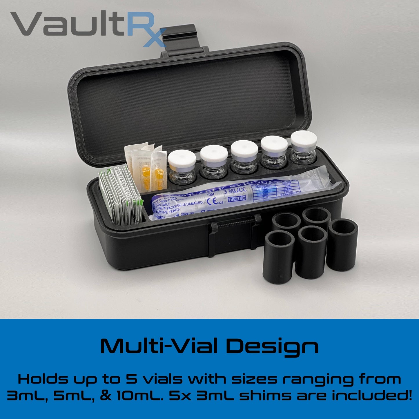 5 Slot Multi-Vial Travel Case with Syringe & Alcohol Pad Slots | Fits 3mL, 5mL, and 10mL Vials